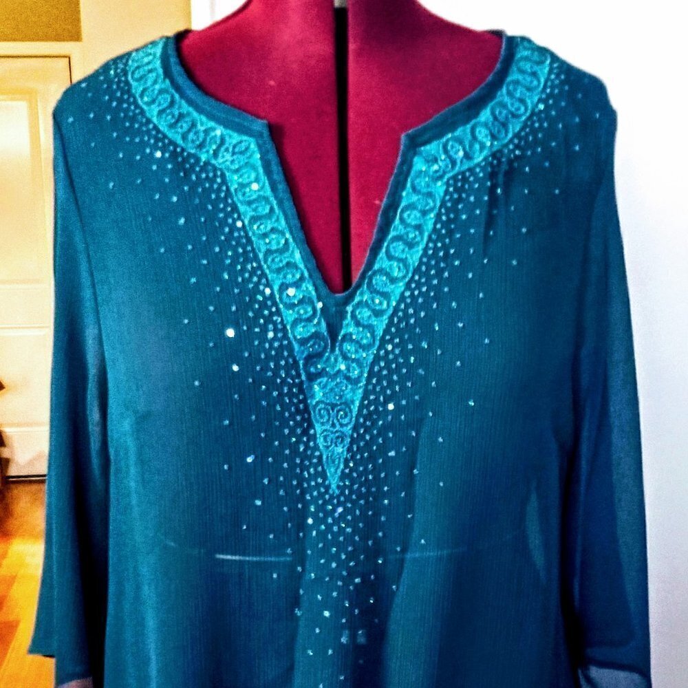 IN Studio Sheer Deep Teal Blue Embellished Tunic